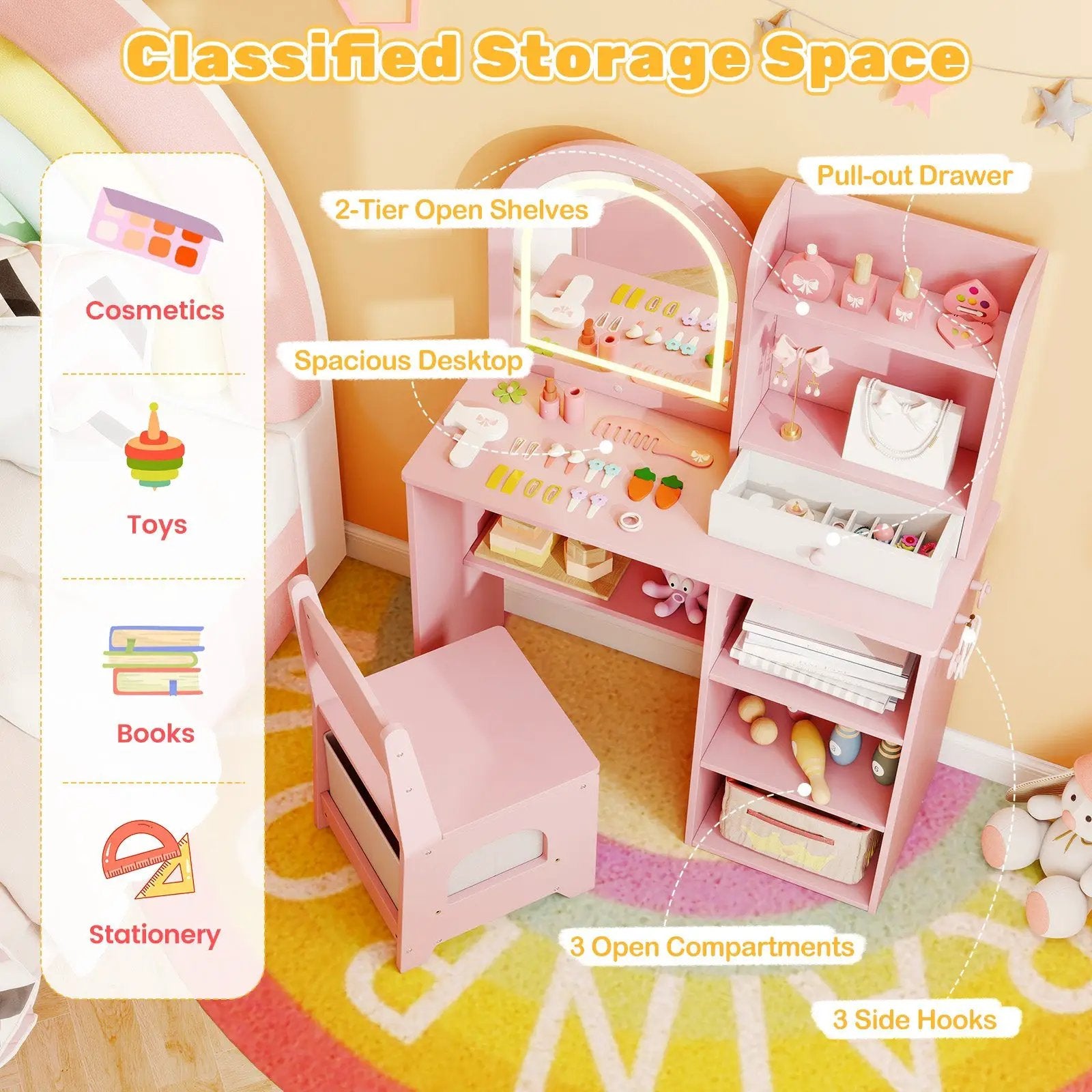 Kids Vanity Set Princess Girls Makeup Vanity Desk with Chair and 3-Color LED Lighted Mirror by DirectDeals