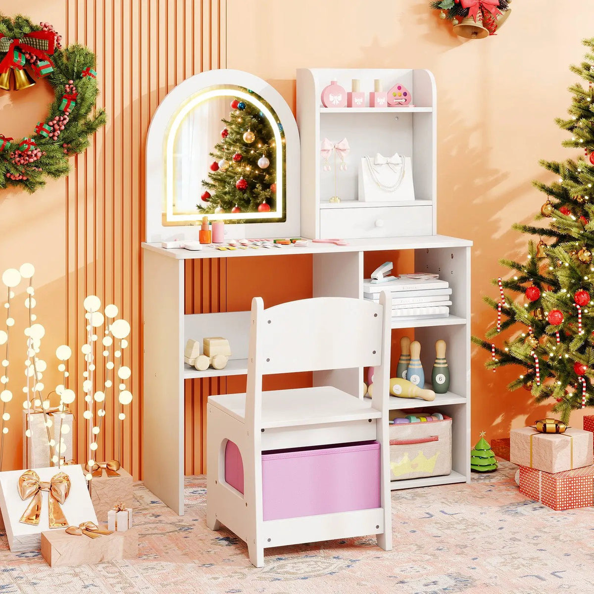 Kids Vanity Set Princess Girls Makeup Vanity Desk with Chair and 3-Color LED Lighted Mirror, photo 2 of 16
