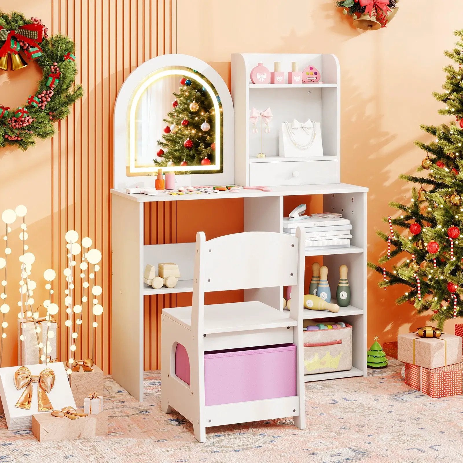 Kids Vanity Set Princess Girls Makeup Vanity Desk with Chair and 3-Color LED Lighted Mirror by DirectDeals