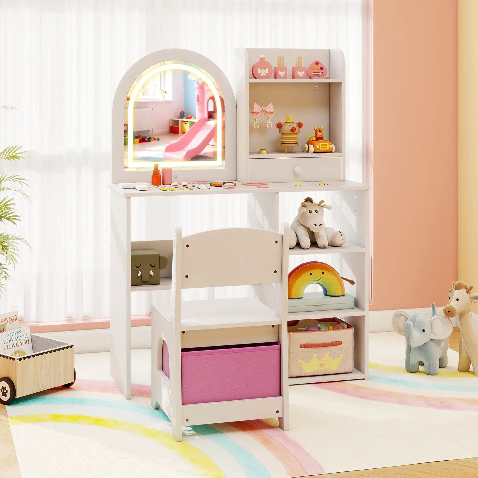 Kids Vanity Set Princess Girls Makeup Vanity Desk with Chair and 3-Color LED Lighted Mirror by DirectDeals