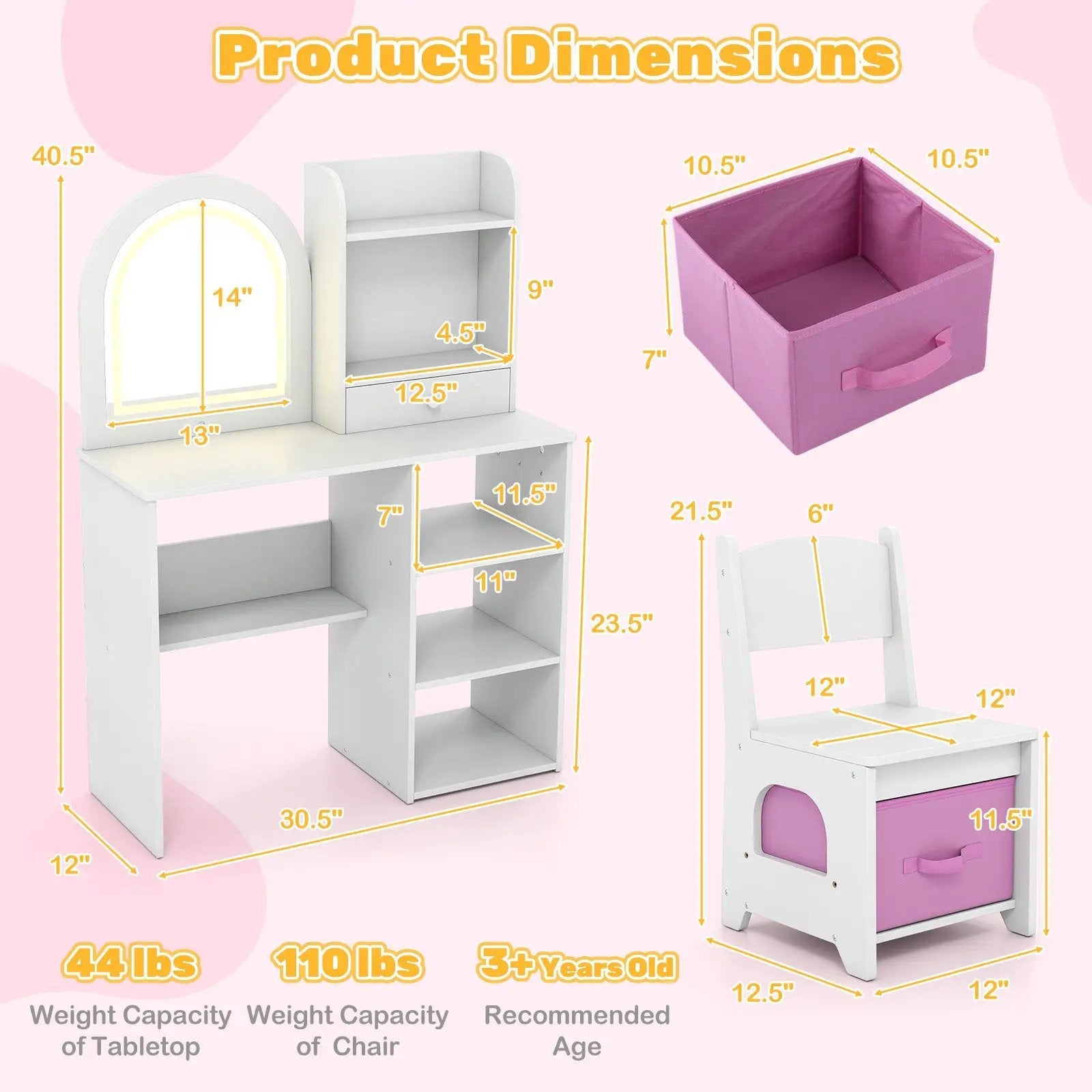 Kids Vanity Set Princess Girls Makeup Vanity Desk with Chair and 3-Color LED Lighted Mirror by DirectDeals
