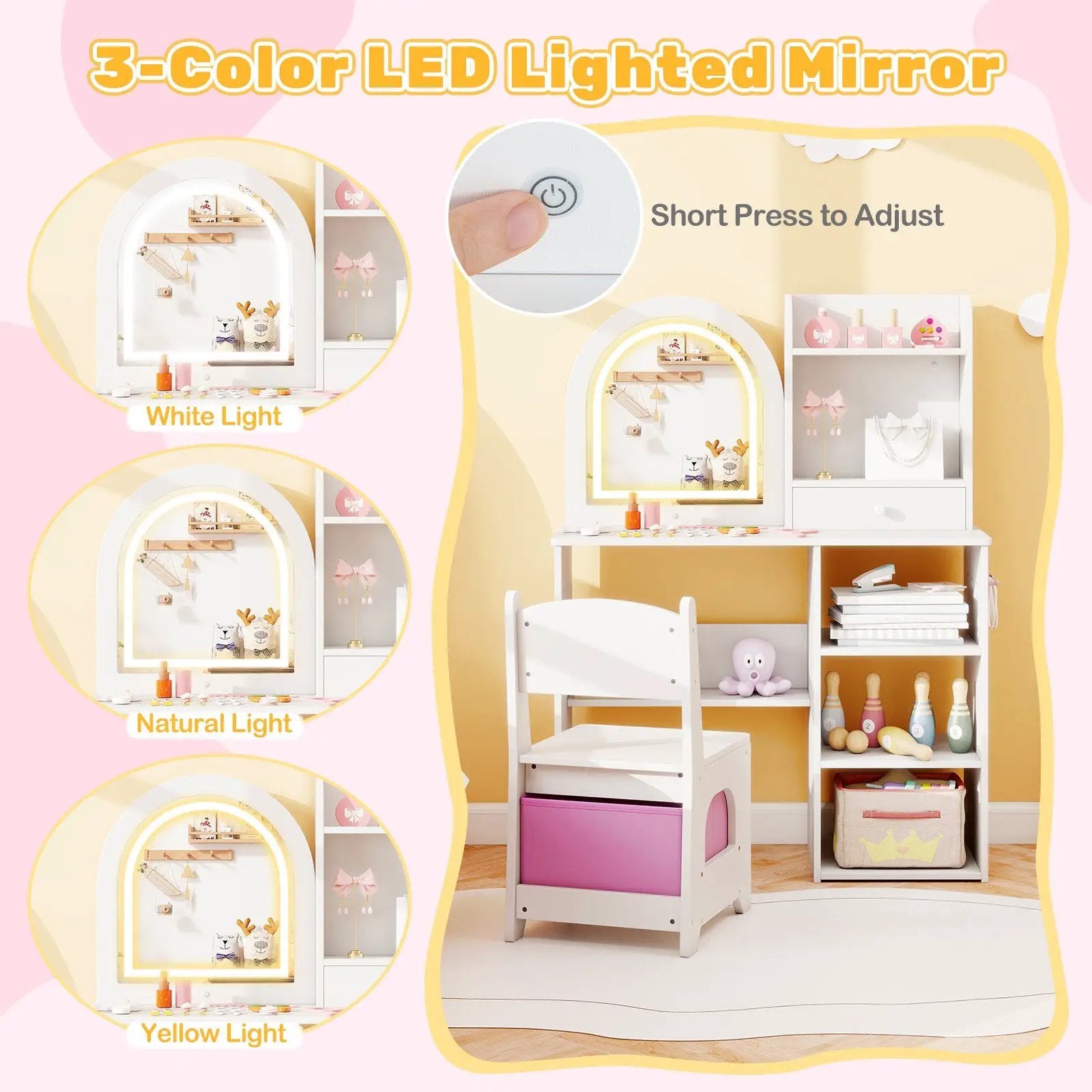 Kids Vanity Set Princess Girls Makeup Vanity Desk with Chair and 3-Color LED Lighted Mirror by DirectDeals