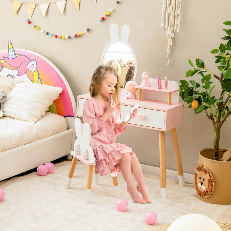 2 in 1 Wooden Princess Kids Vanity Set with Mirror-White by DirectDeals