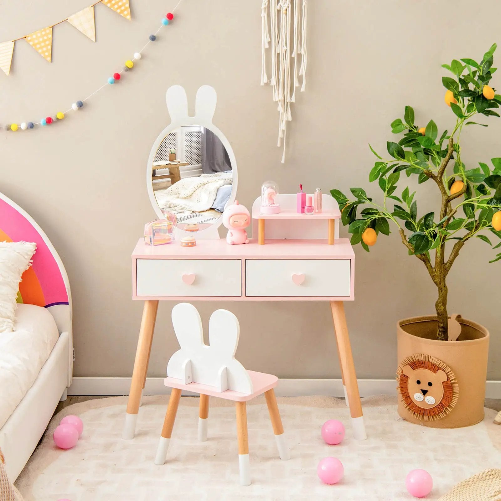 2 in 1 Wooden Princess Kids Vanity Set with Mirror-White by DirectDeals