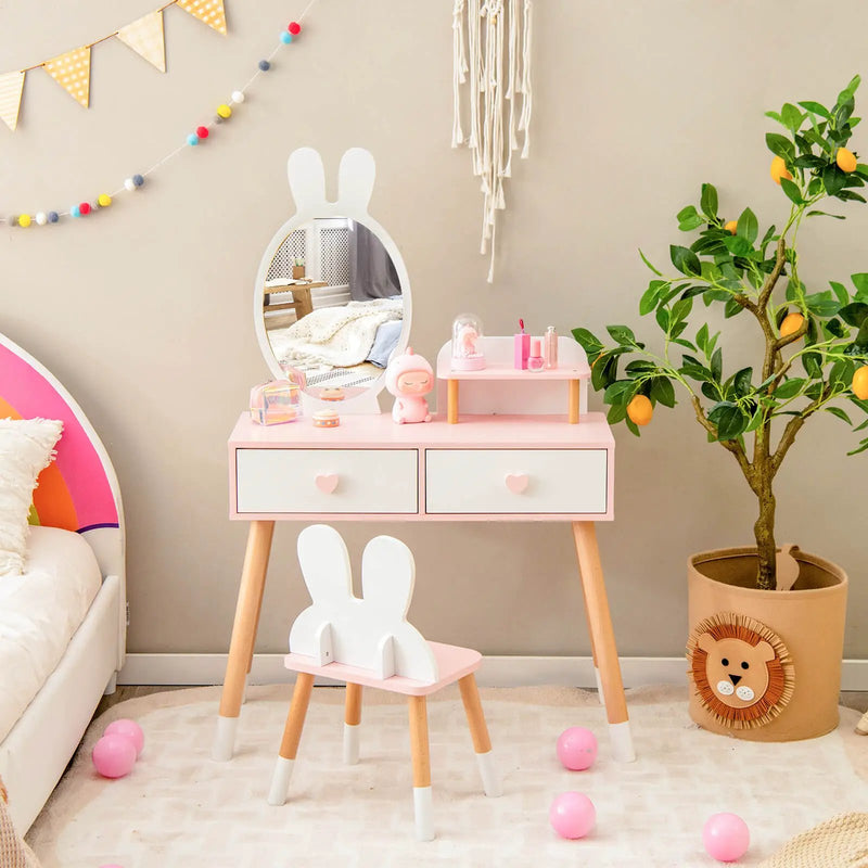 2 in 1 Wooden Princess Kids Vanity Set with Mirror-White by DirectDeals