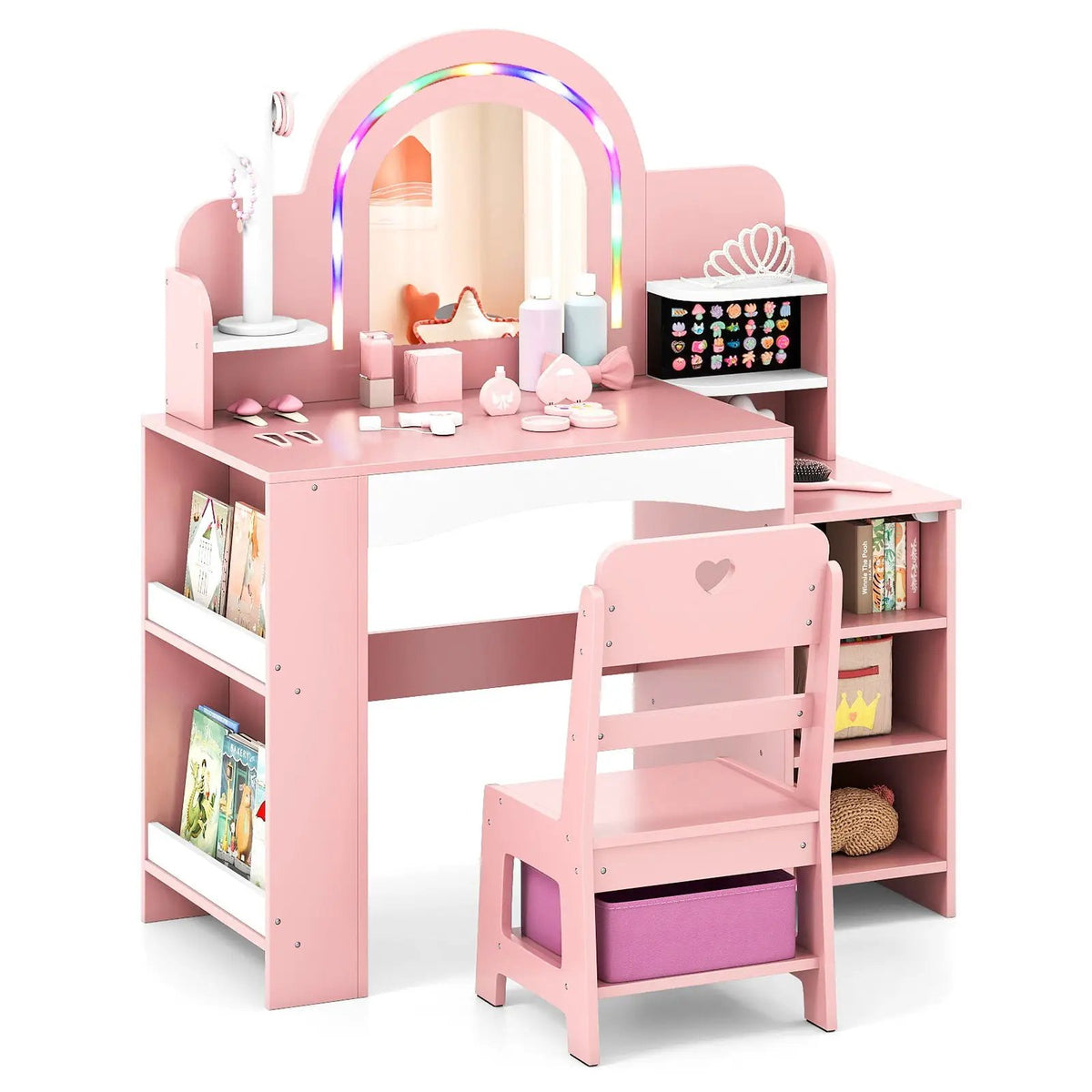 Kids Vanity Set with Colorful LED Lights Princess Makeup Dressing Table with Chair, photo 5 of 16