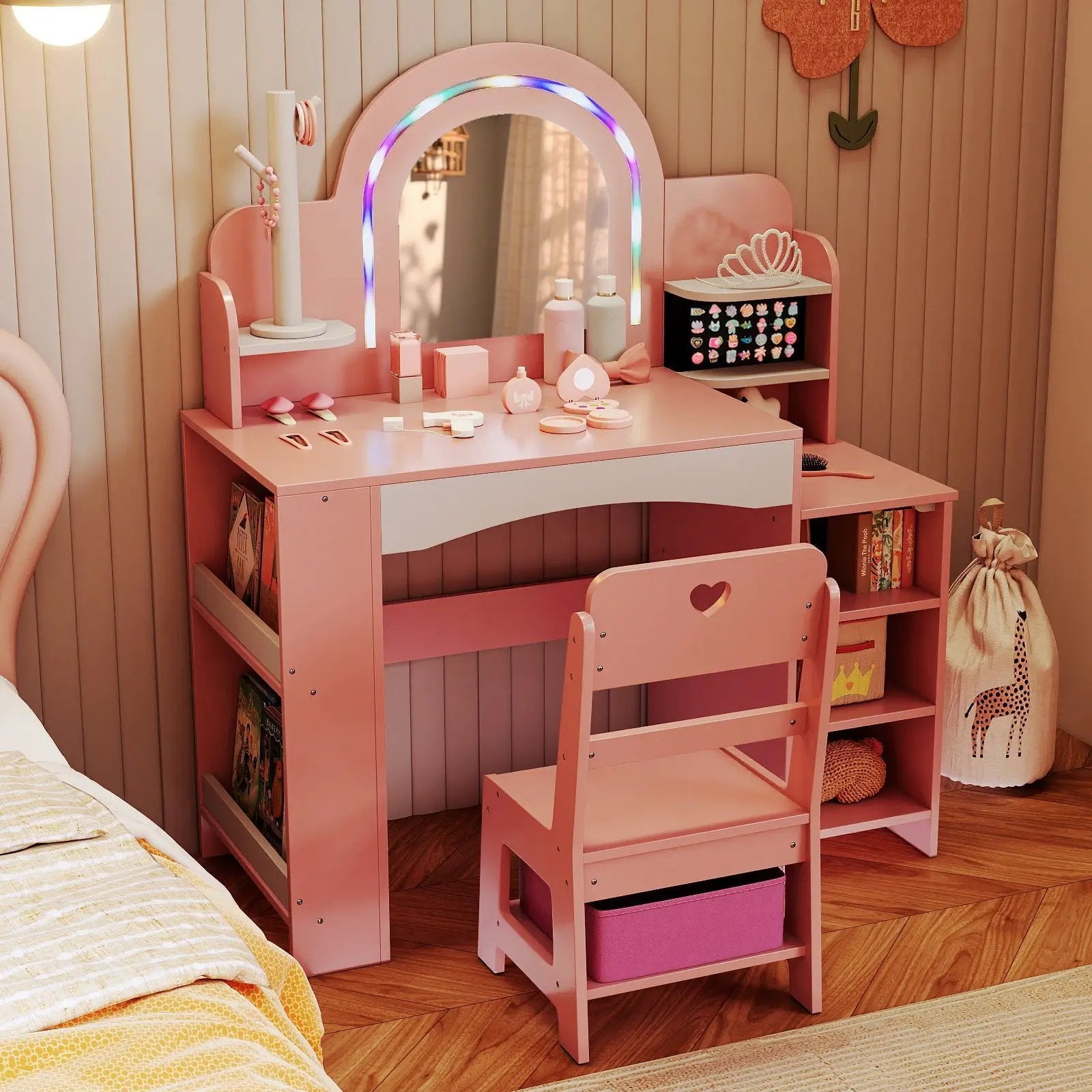 Kids Vanity Set with Colorful LED Lights Princess Makeup Dressing Table with Chair by DirectDeals