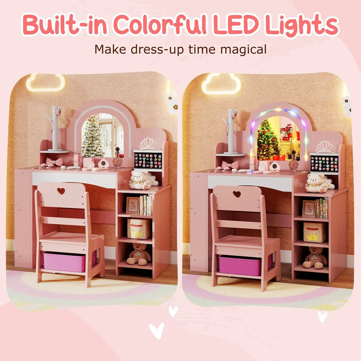Kids Vanity Set with Colorful LED Lights Princess Makeup Dressing Table with Chair, photo 11 of 16