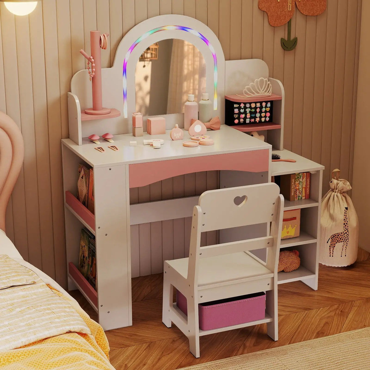Kids Vanity Set with Colorful LED Lights Princess Makeup Dressing Table with Chair, photo 10 of 16