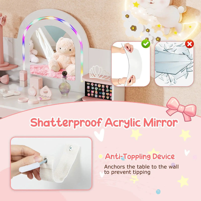 Kids Vanity Set with Colorful LED Lights Princess Makeup Dressing Table with Chair by DirectDeals