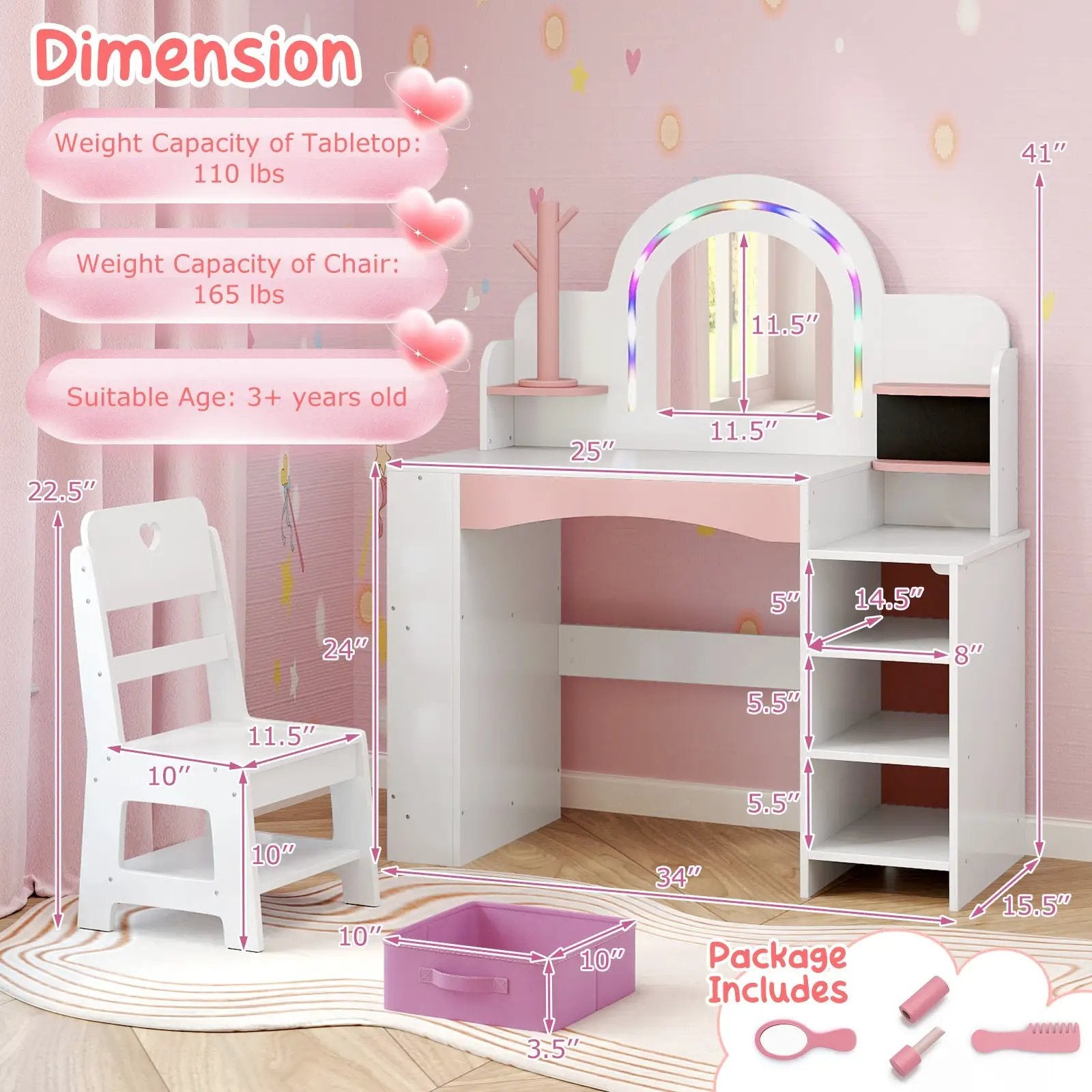 Kids Vanity Set with Colorful LED Lights Princess Makeup Dressing Table with Chair by DirectDeals
