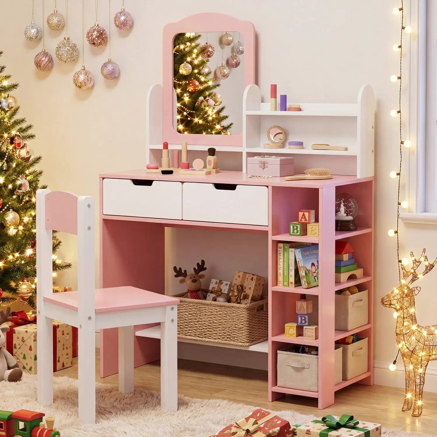 Kids Vanity Set with Chair and Mirror Makeup Dressing Desk with Storage Shelves and Drawers by DirectDeals