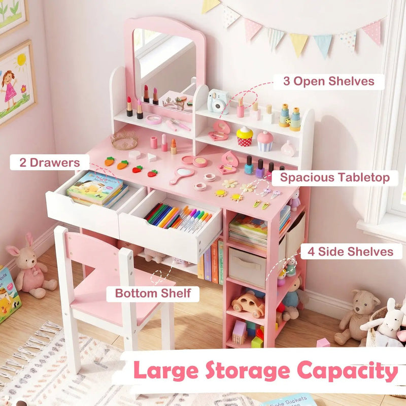 Kids Vanity Set with Chair and Mirror Makeup Dressing Desk with Storage Shelves and Drawers by DirectDeals