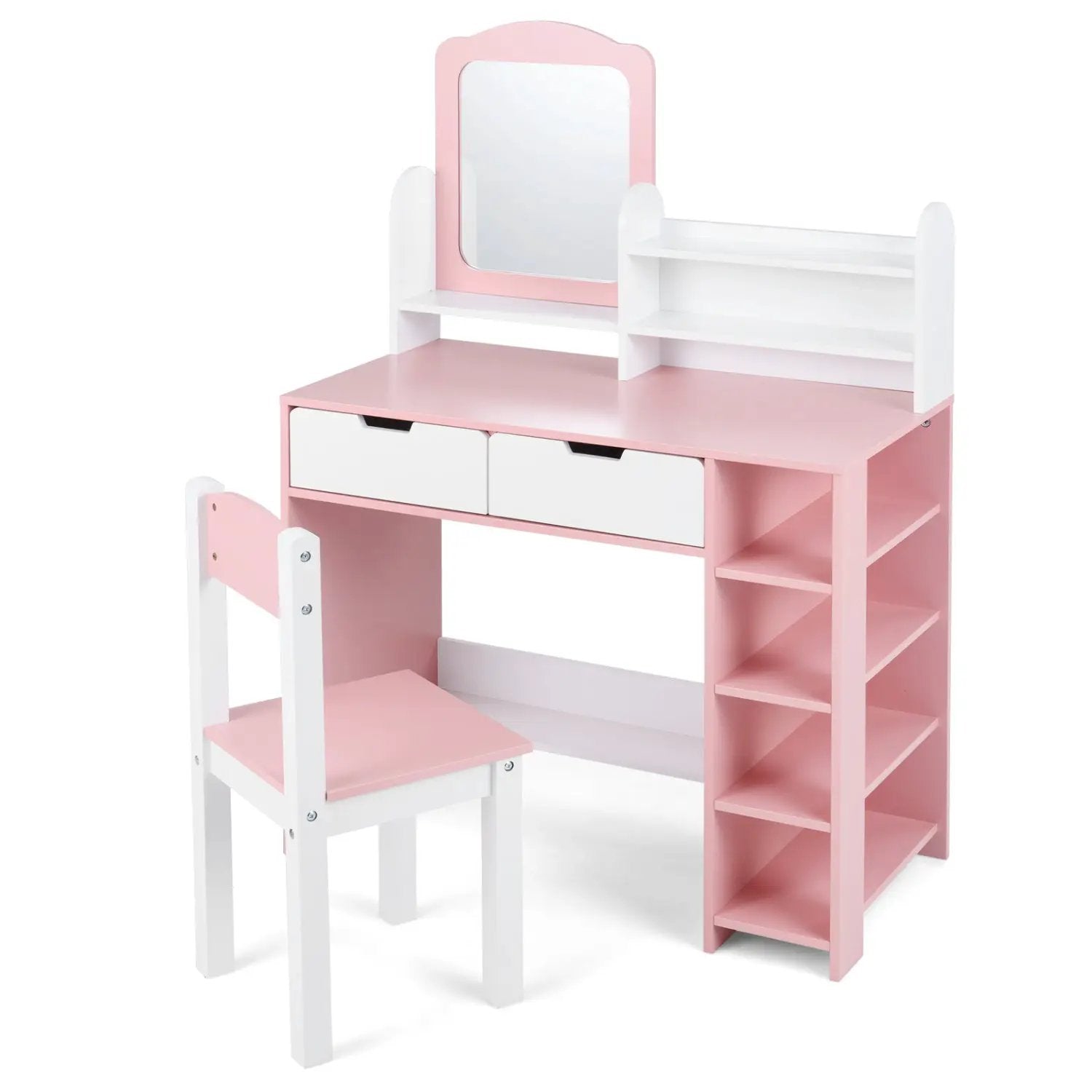 Kids Vanity Set with Chair and Mirror Makeup Dressing Desk with Storage Shelves and Drawers by DirectDeals