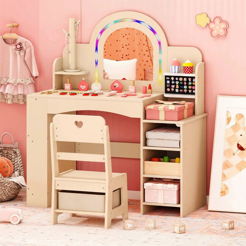 Kids Vanity Set with LED Mirror and Chair - Natural by DirectDeals