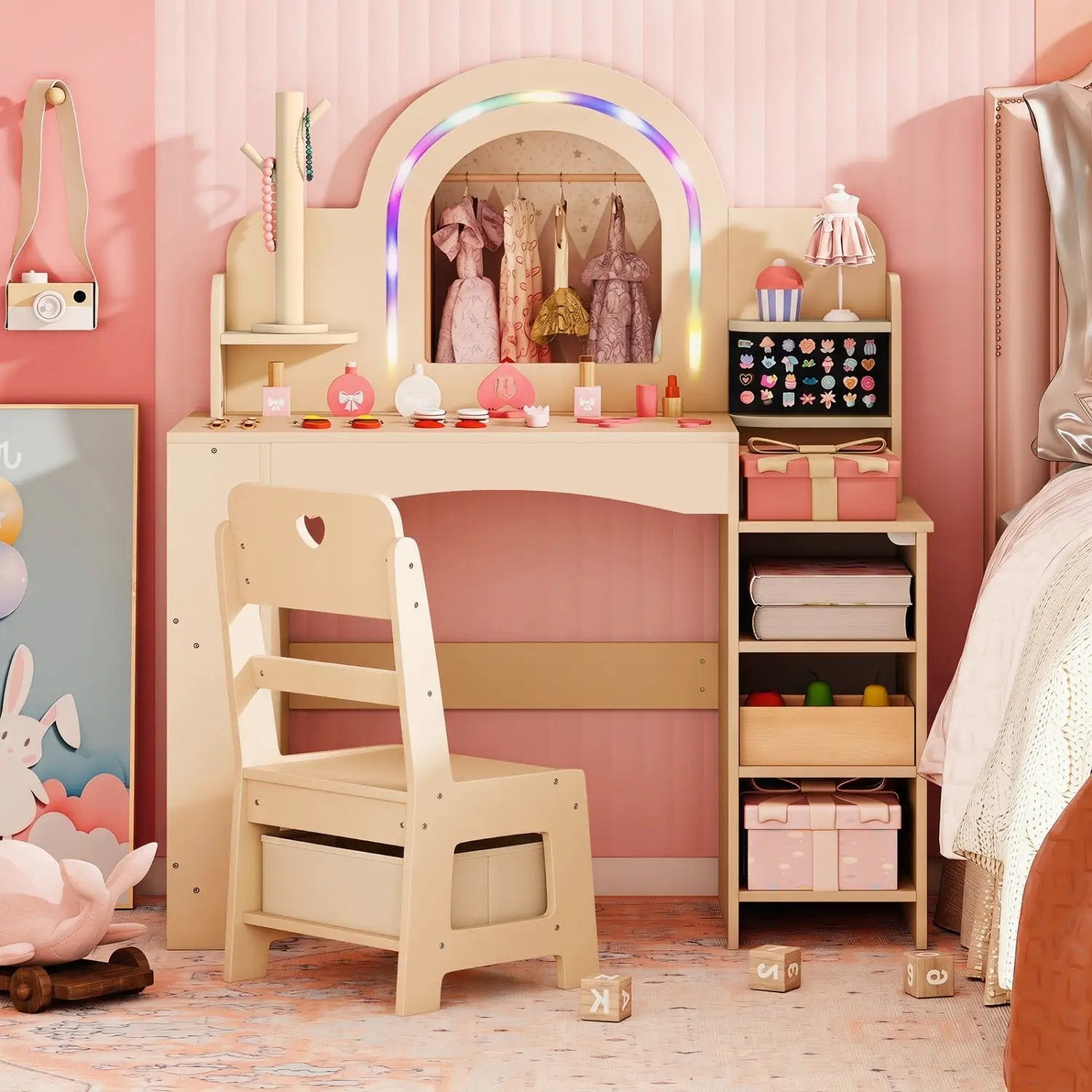 Kids Vanity Set with LED Mirror and Chair - Natural by DirectDeals