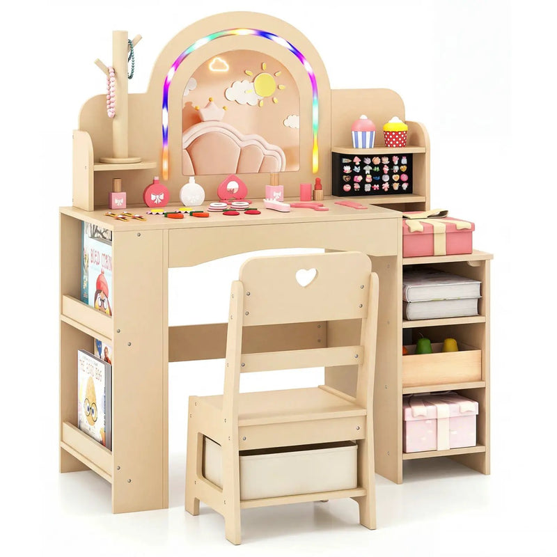 Kids Vanity Set with LED Mirror and Chair - Natural by DirectDeals