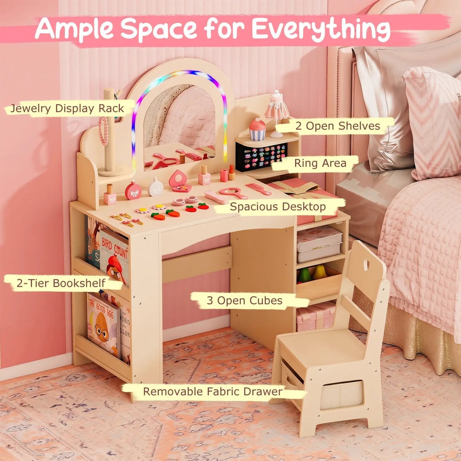 Kids Vanity Set with LED Mirror and Chair - Natural by DirectDeals
