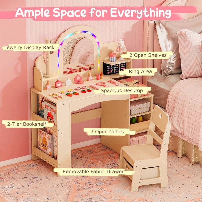 Kids Vanity Set with LED Mirror and Chair - Natural by DirectDeals