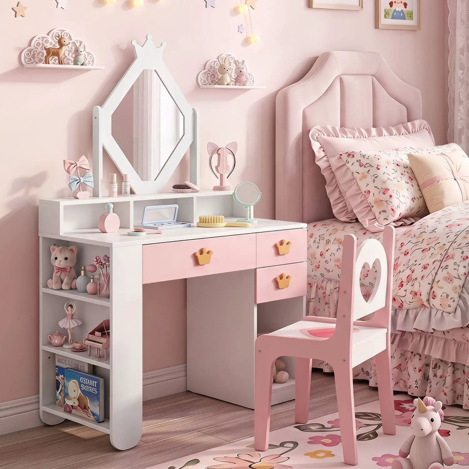 Kids Vanity Set with Crown Mirror and Chair by DirectDeals