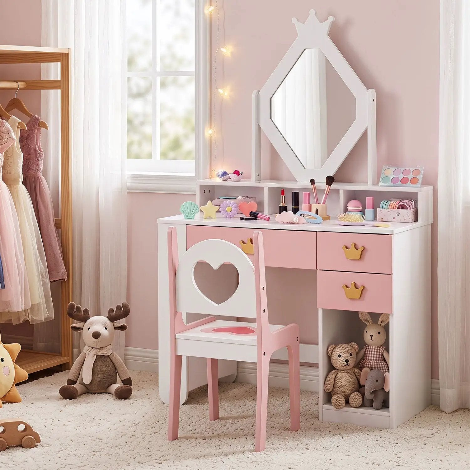 Kids Vanity Set with Crown Mirror and Chair by DirectDeals