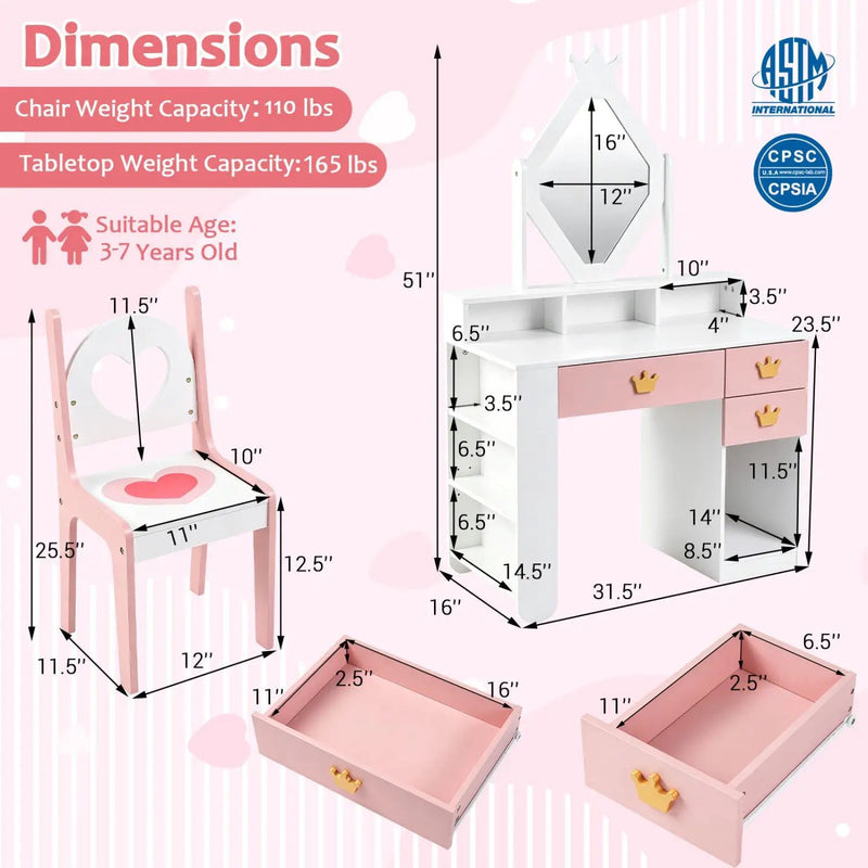 Kids Vanity Set with Crown Mirror and Chair by DirectDeals