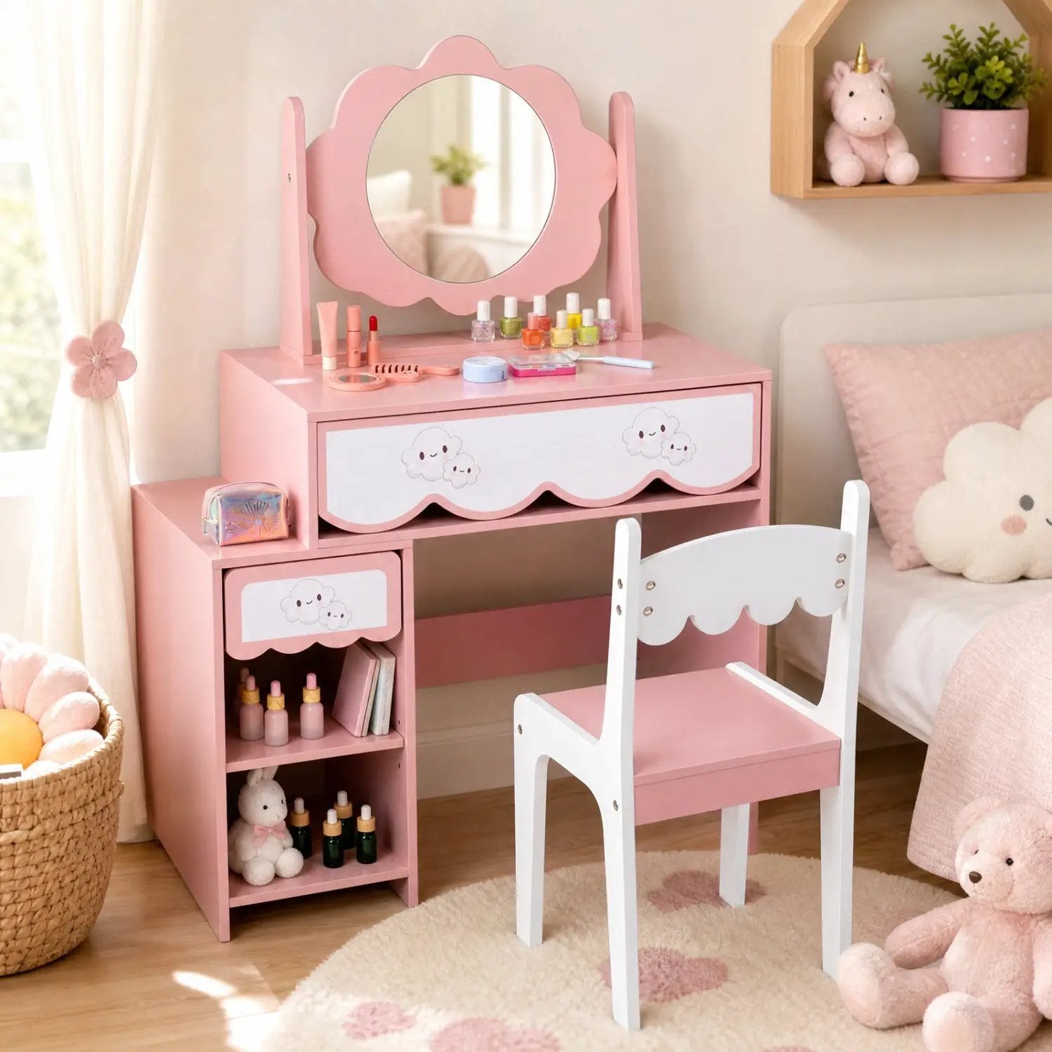 Kids Vanity Set with Rotating Mirror and Chair - Pink by DirectDeals