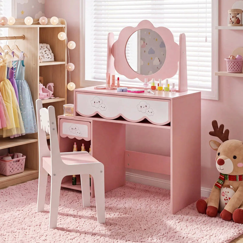 Kids Vanity Set with Rotating Mirror and Chair - Pink by DirectDeals