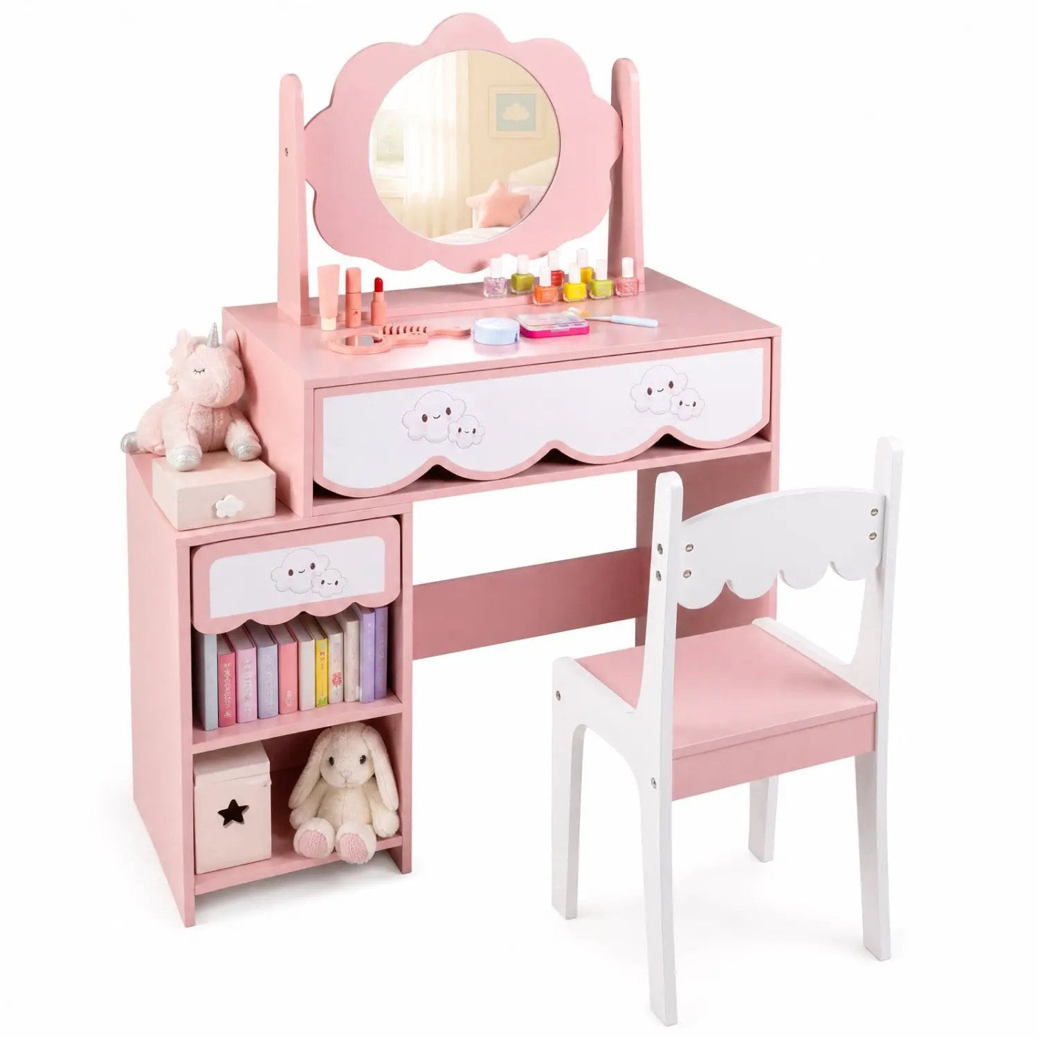 Kids Vanity Set with Rotating Mirror and Chair - Pink by DirectDeals