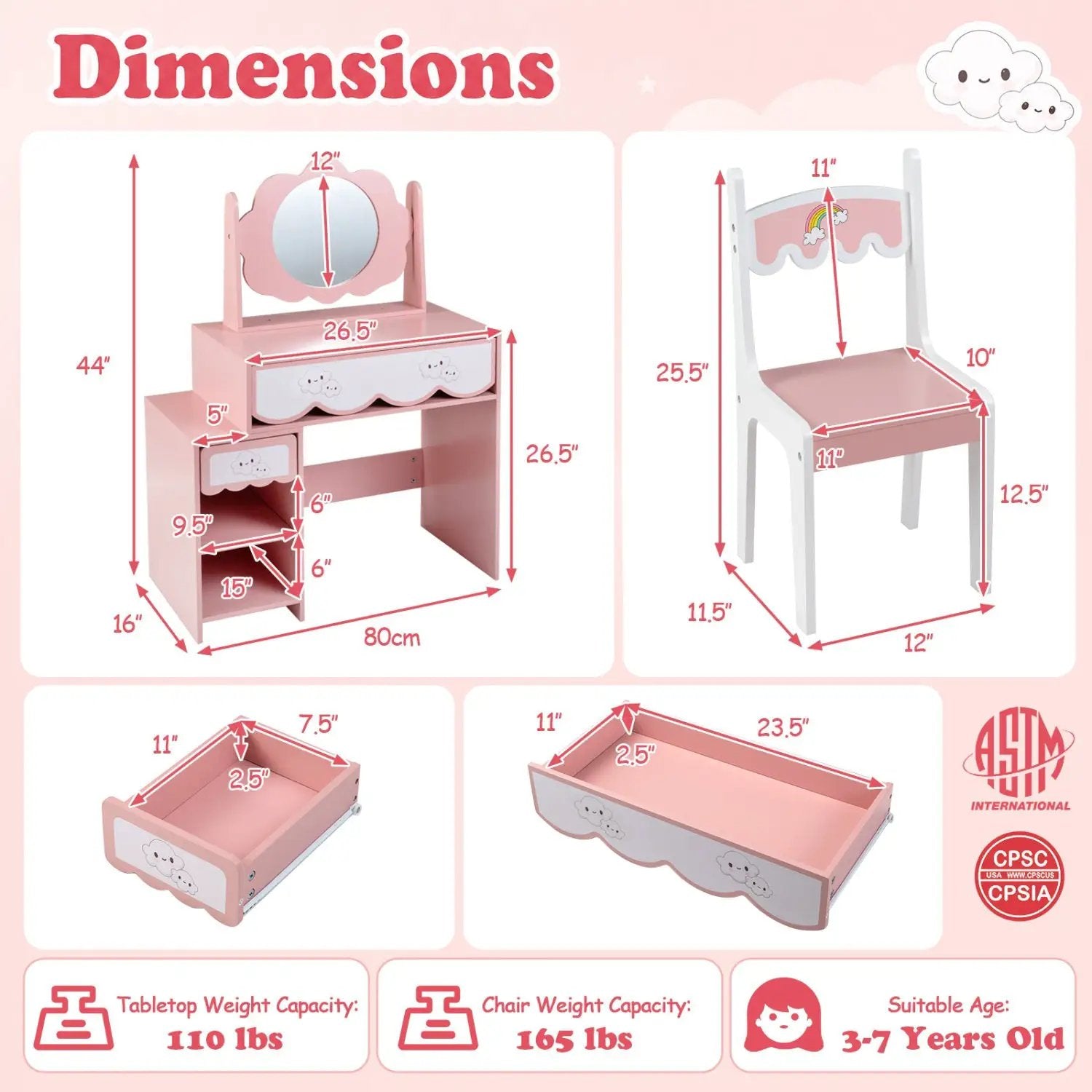 Kids Vanity Set with Rotating Mirror and Chair - Pink by DirectDeals