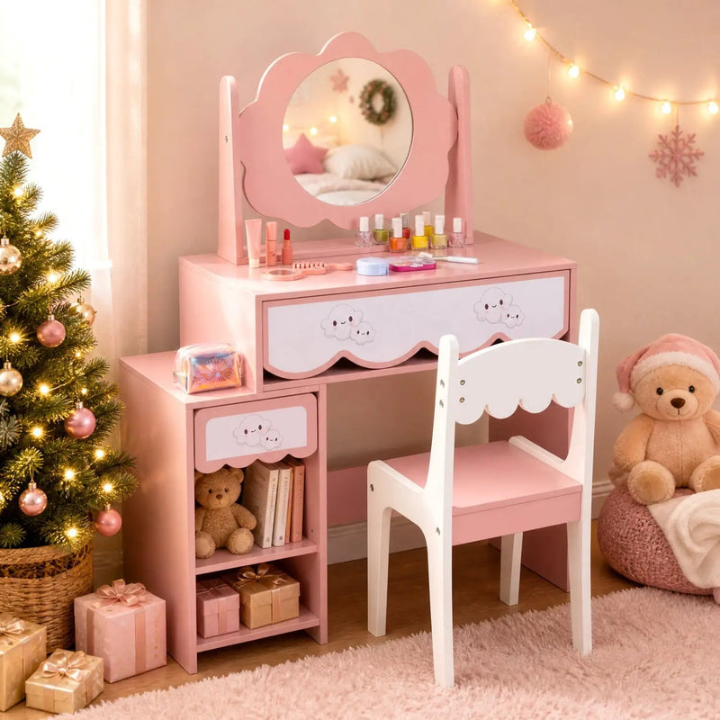 Kids Vanity Set with Rotating Mirror and Chair - Pink by DirectDeals