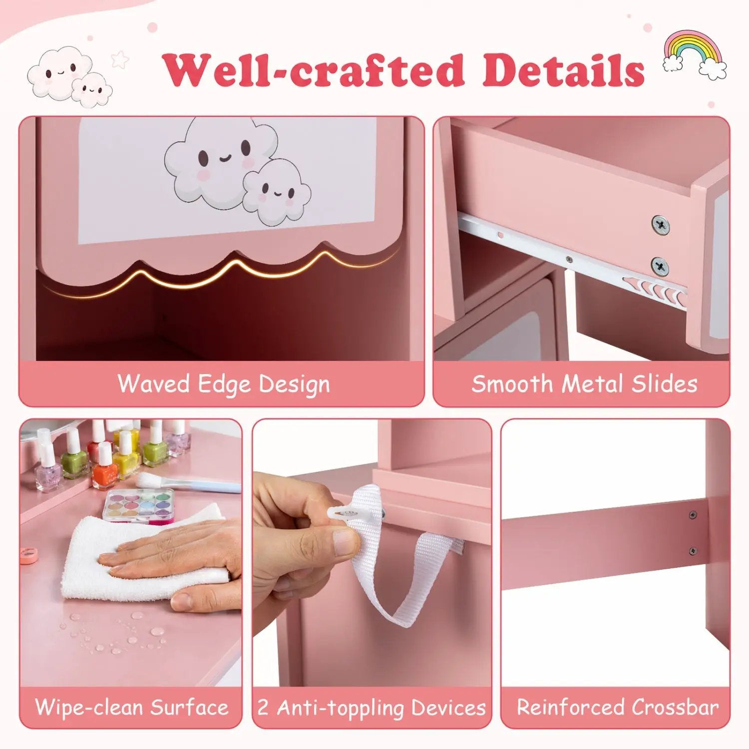 Kids Vanity Set with Rotating Mirror and Chair - Pink by DirectDeals