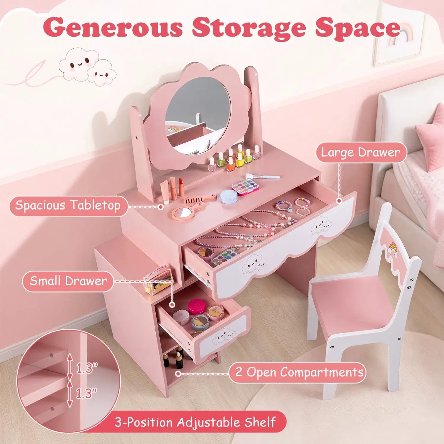 Kids Vanity Set with Rotating Mirror and Chair - Pink by DirectDeals