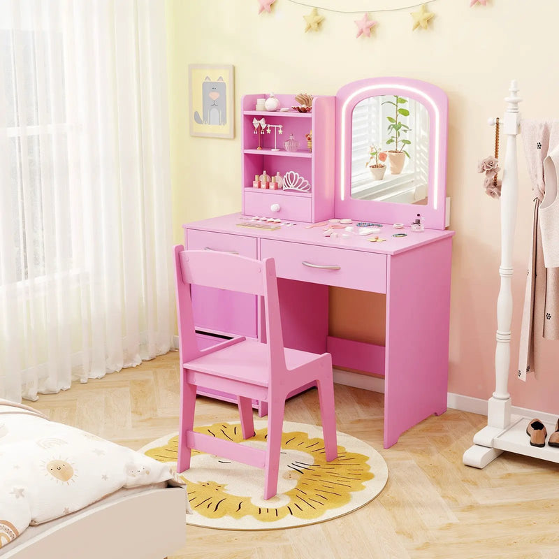 Kids Vanity Set with Lighted Mirror Makeup Desk and Chair Set with Drawers by DirectDeals