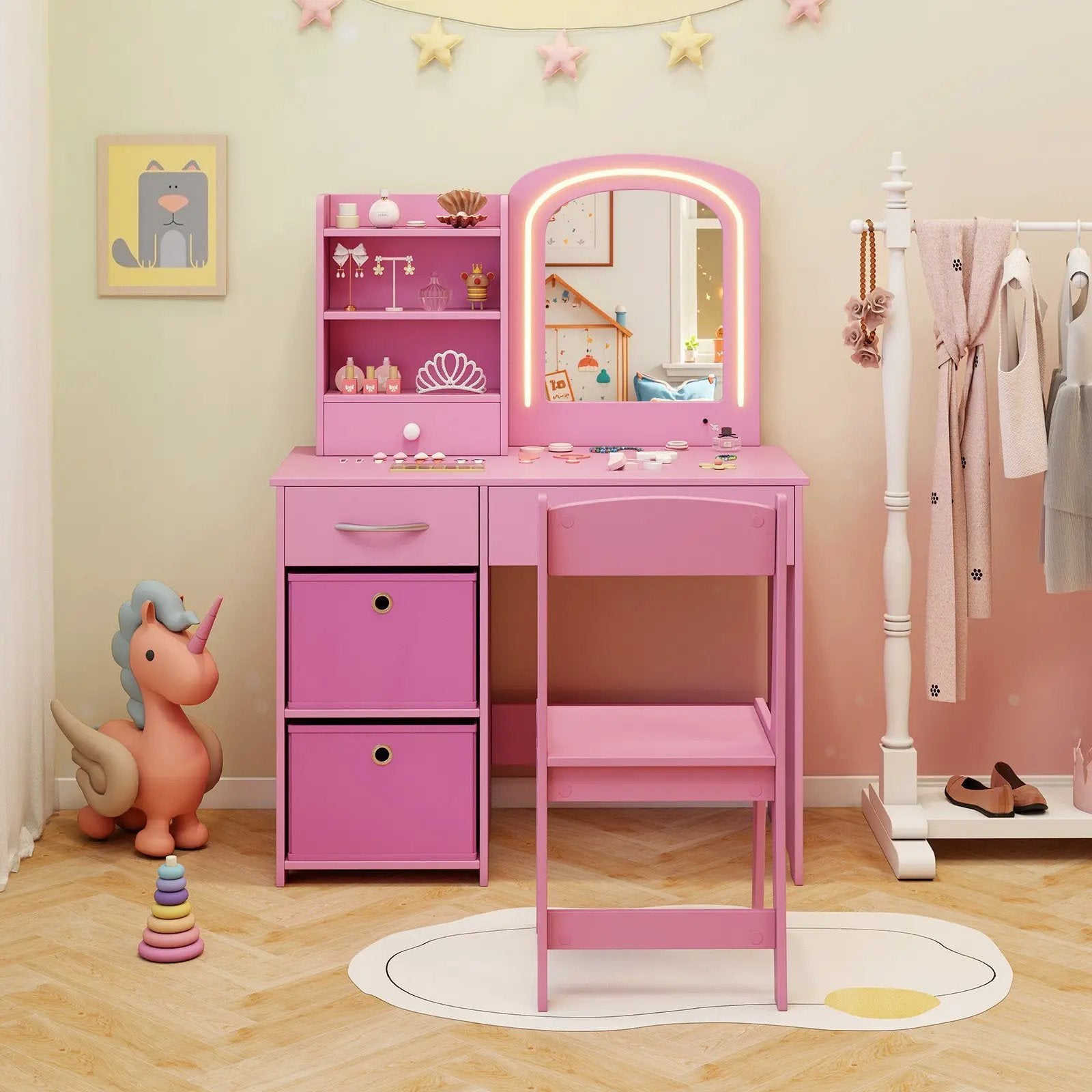 Kids Vanity Set with Lighted Mirror Makeup Desk and Chair Set with Drawers by DirectDeals