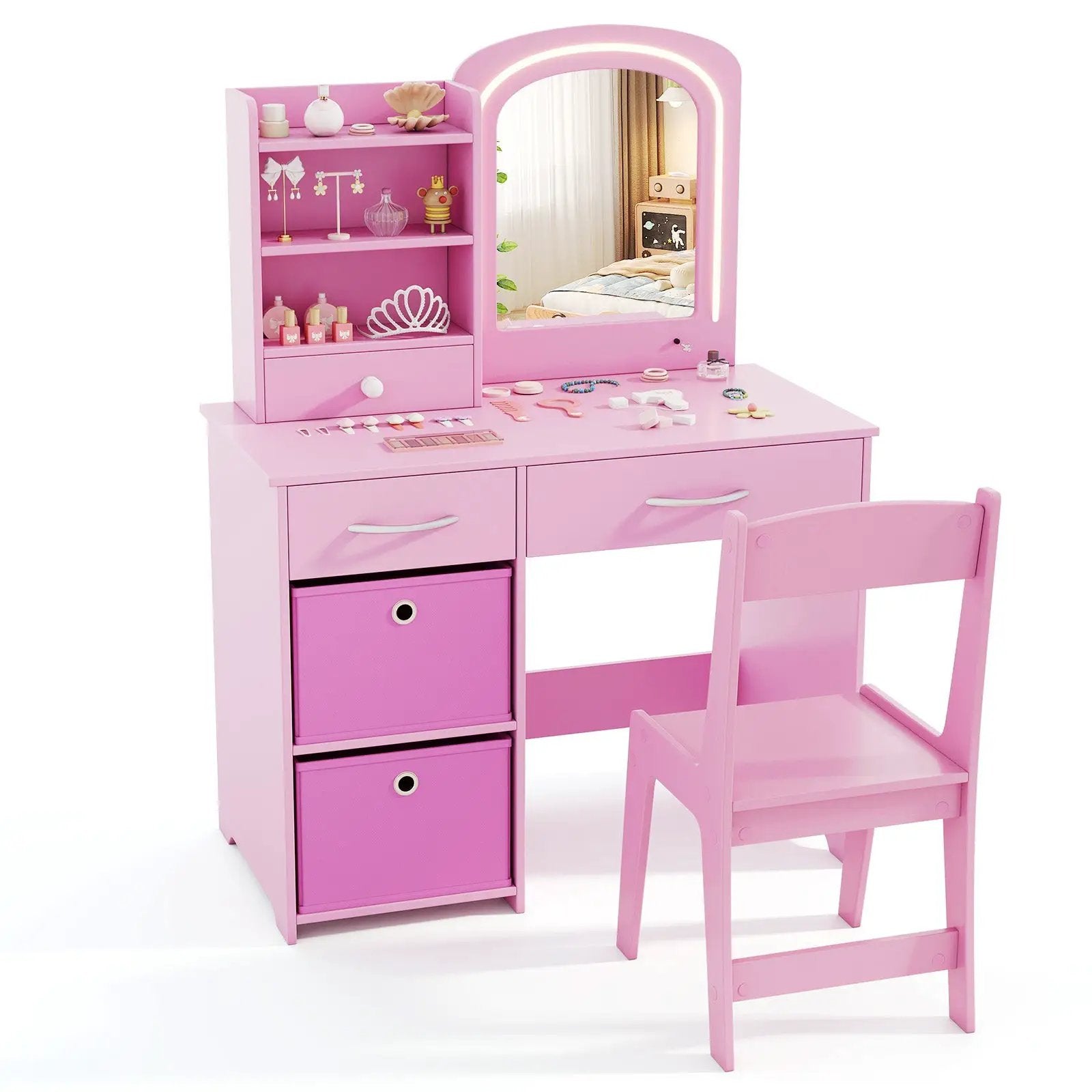 Kids Vanity Set with Lighted Mirror Makeup Desk and Chair Set with Drawers by DirectDeals
