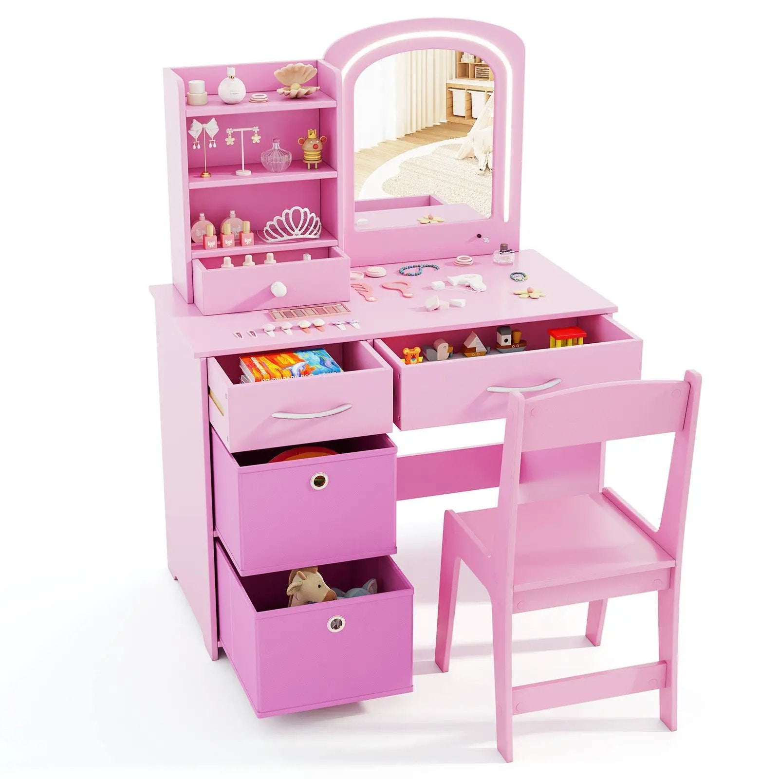 Kids Vanity Set with Lighted Mirror Makeup Desk and Chair Set with Drawers by DirectDeals