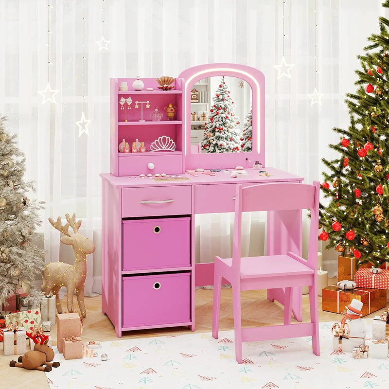 Kids Vanity Set with Lighted Mirror Makeup Desk and Chair Set with Drawers by DirectDeals