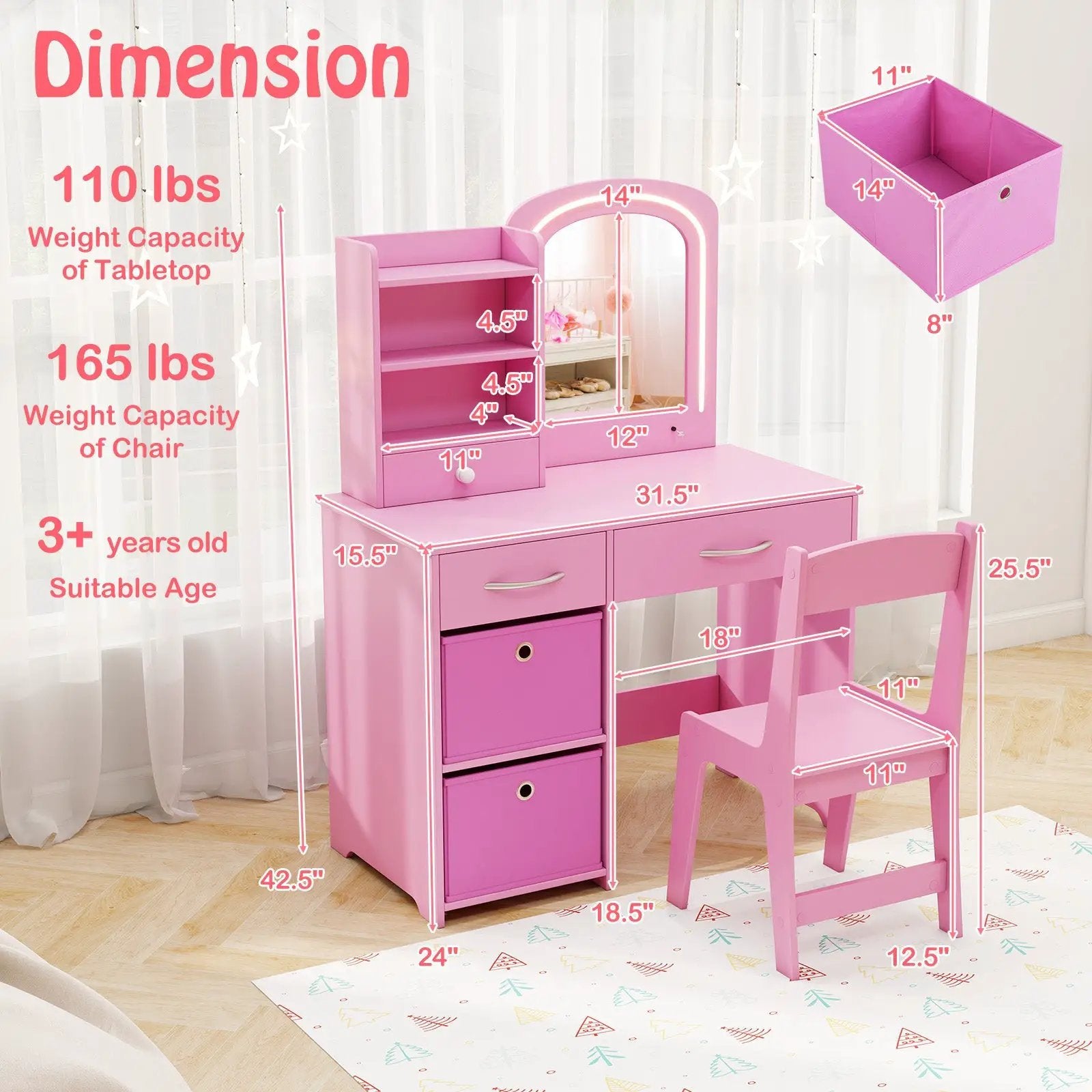 Kids Vanity Set with Lighted Mirror Makeup Desk and Chair Set with Drawers by DirectDeals
