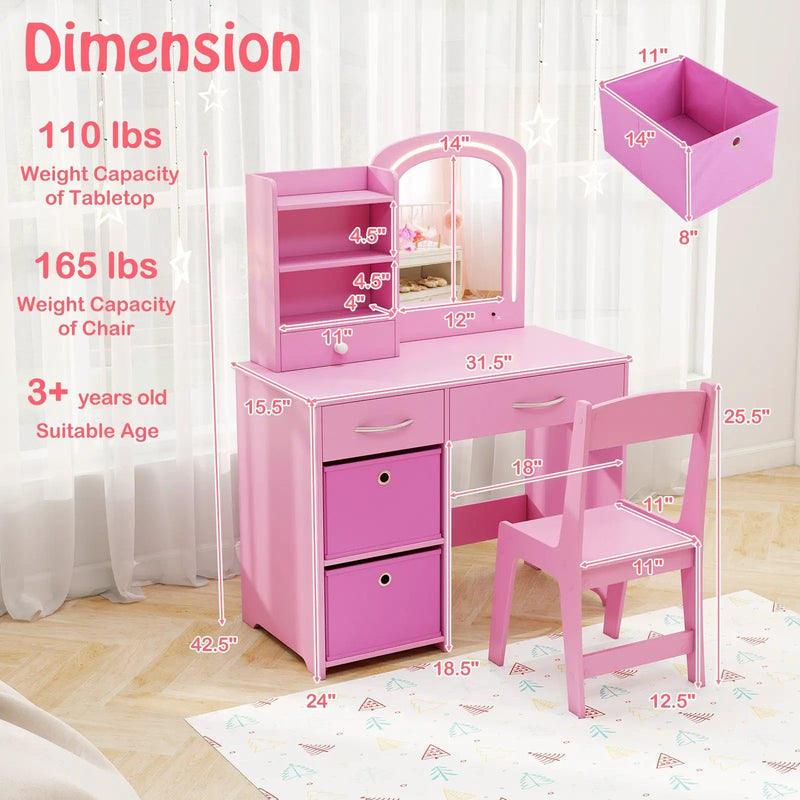 Kids Vanity Set with Lighted Mirror Makeup Desk and Chair Set with Drawers by DirectDeals
