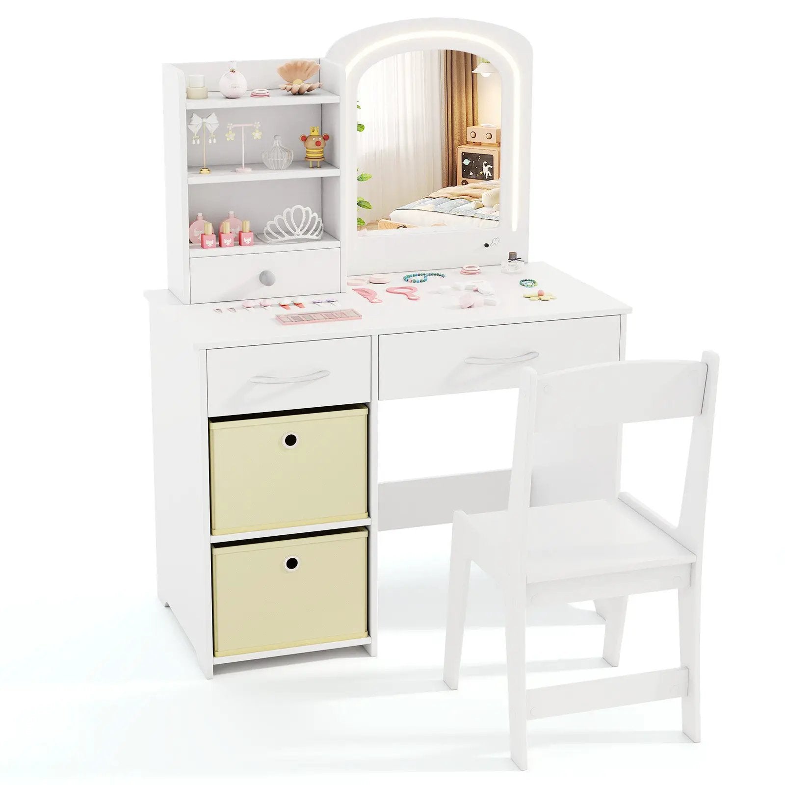 Kids Vanity Set with Lighted Mirror Makeup Desk and Chair Set with Drawers by DirectDeals