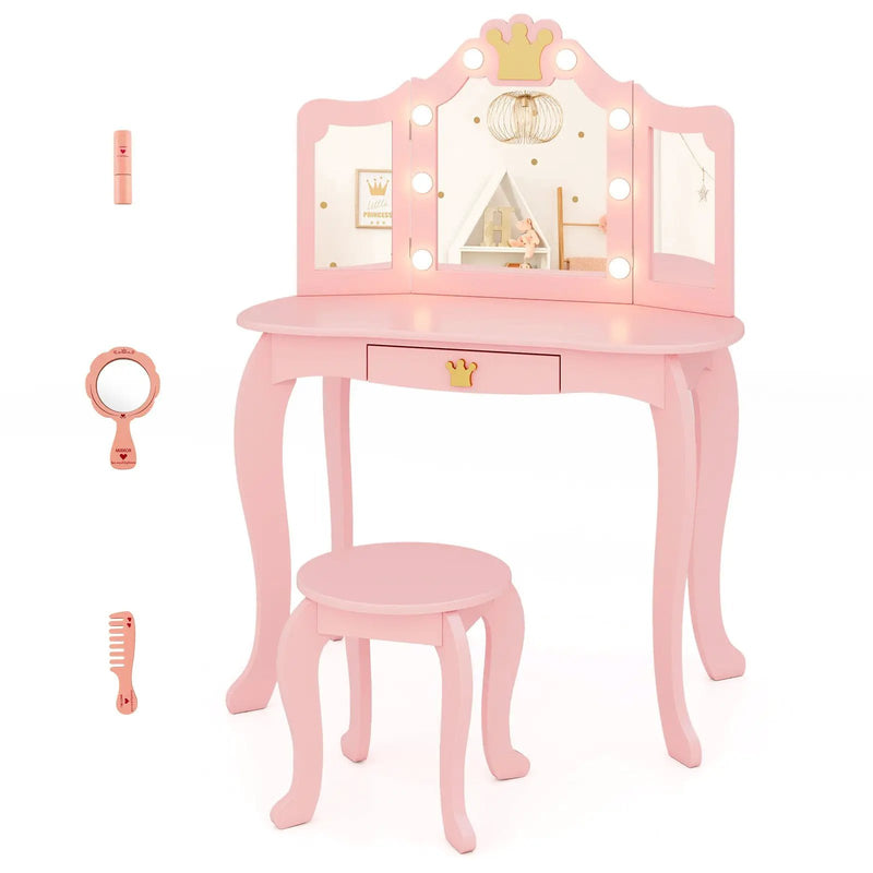 Kids Vanity Set with Tri-fold Lighted Mirror Detachable Top and Stool by DirectDeals