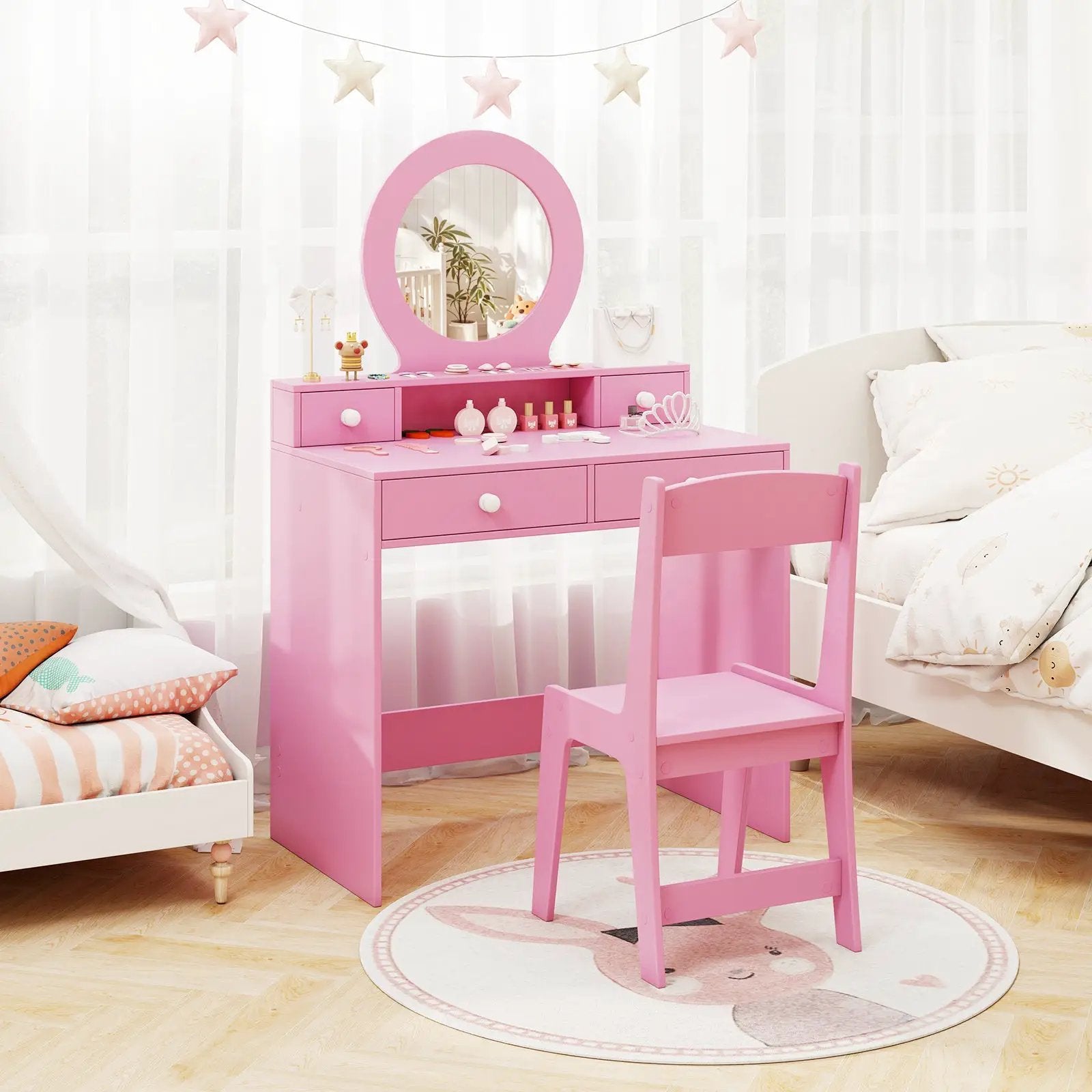 Kids Vanity Set with Mirror Princess Makeup Dressing Desk and Chair Set with Mirror by DirectDeals