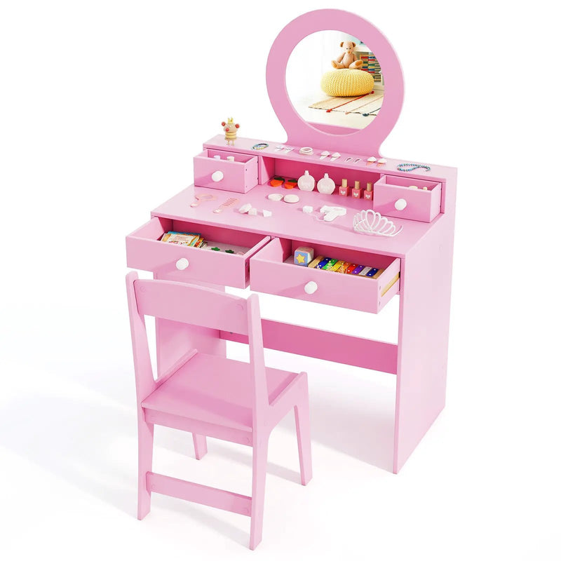 Kids Vanity Set with Mirror Princess Makeup Dressing Desk and Chair Set with Mirror by DirectDeals