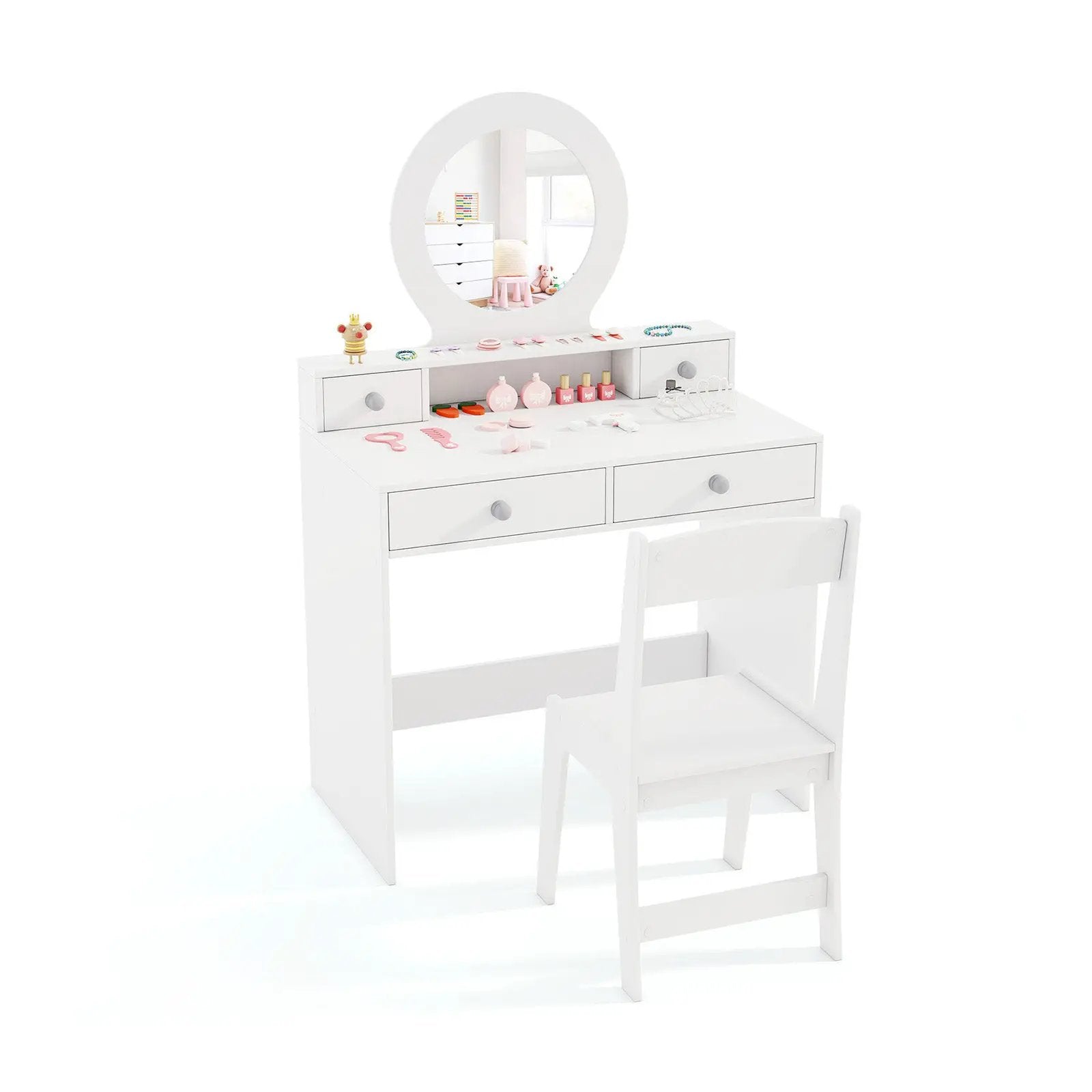 Kids Vanity Set with Mirror Princess Makeup Dressing Desk and Chair Set with Mirror by DirectDeals