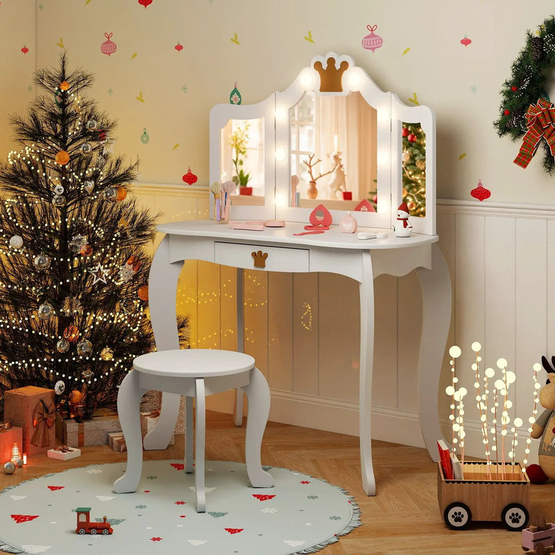 Kids Vanity Set with Tri-fold Lighted Mirror Detachable Top and Stool by DirectDeals