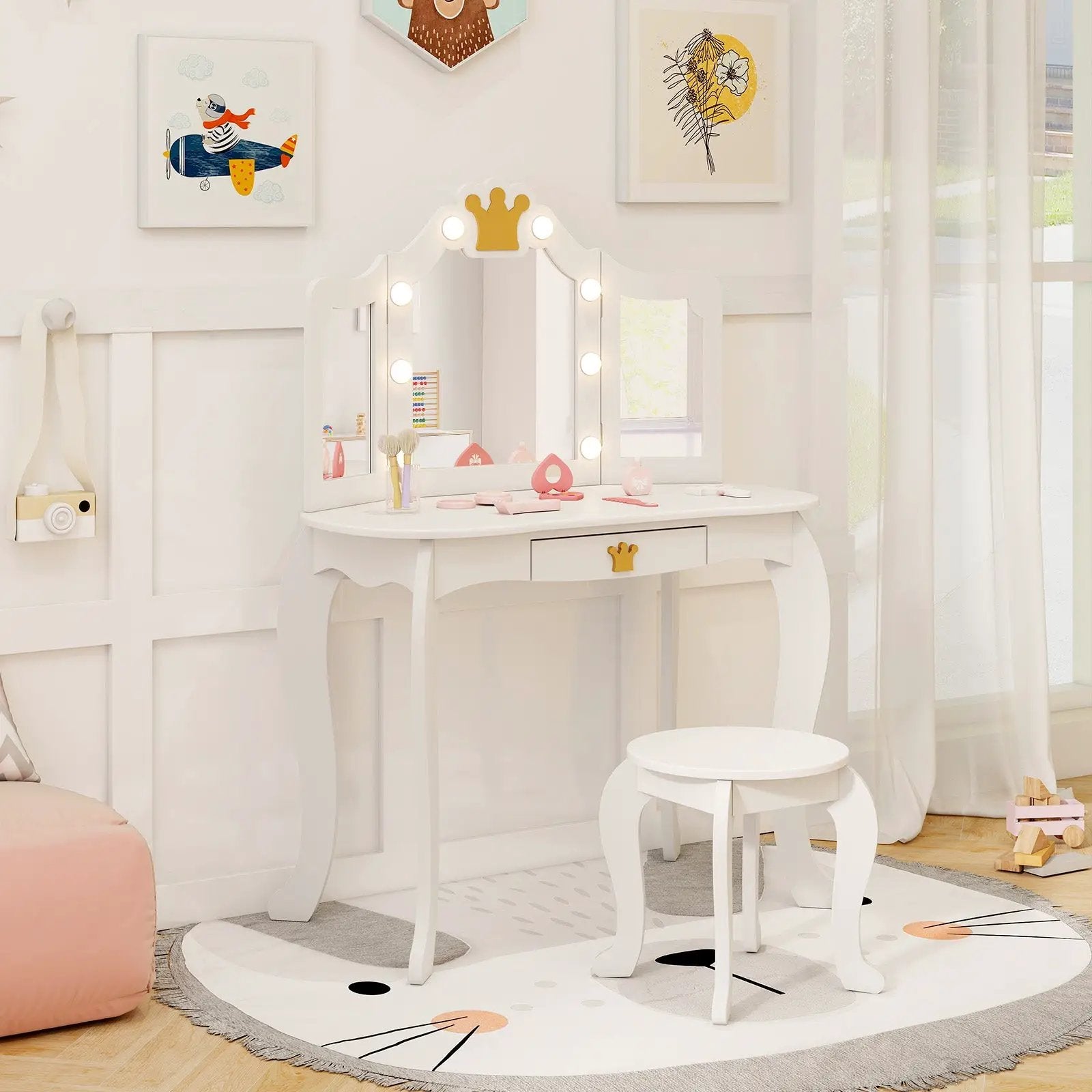 Kids Vanity Set with Tri-fold Lighted Mirror Detachable Top and Stool by DirectDeals