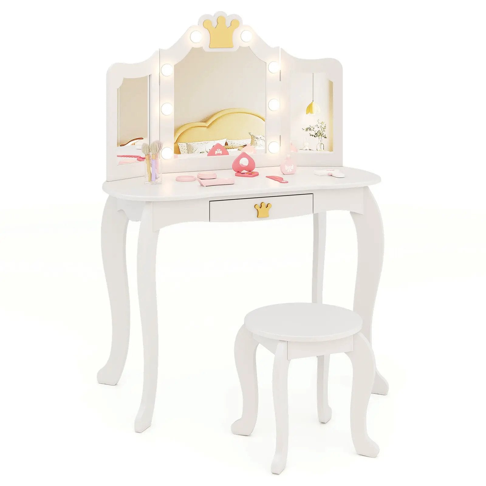 Kids Vanity Set with Tri-fold Lighted Mirror Detachable Top and Stool by DirectDeals