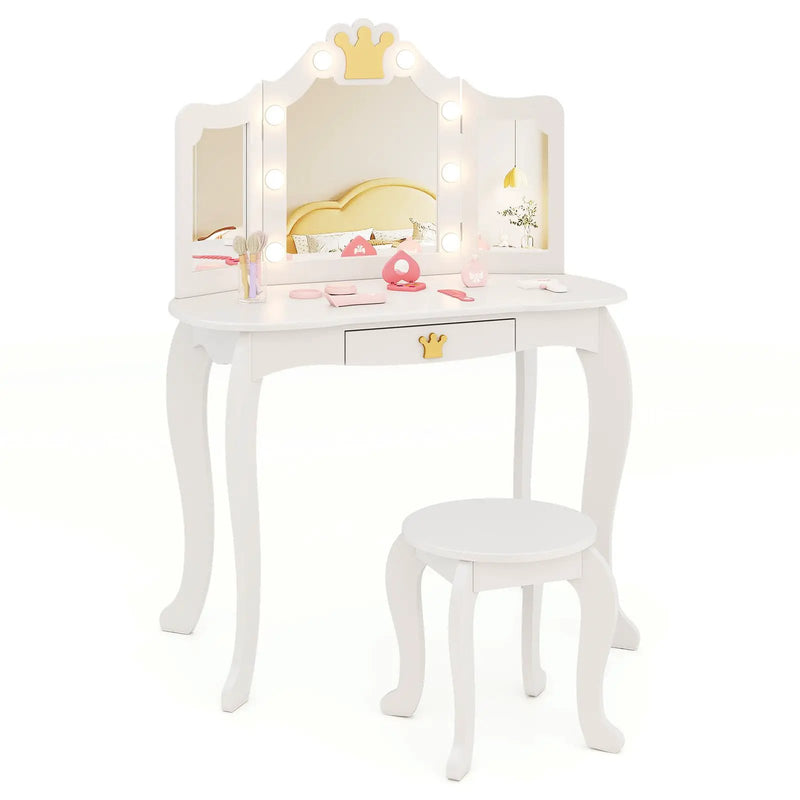 Kids Vanity Set with Tri-fold Lighted Mirror Detachable Top and Stool by DirectDeals