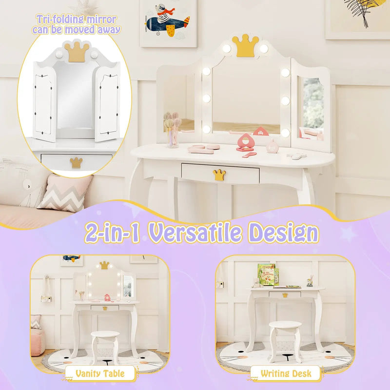 Kids Vanity Set with Tri-fold Lighted Mirror Detachable Top and Stool by DirectDeals